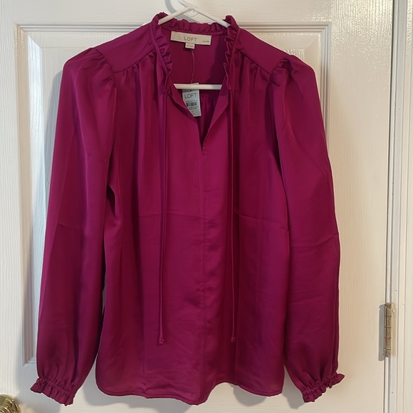 BRAND NEW WITH TAGS! LOFT Ruffle Tie Neck Mixed Media Blouse - Picture 2 of 6